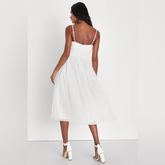 Lulus-Darling Sweetheart White Swiss Dot Ruched Midi Dress - Picture 4 of 5